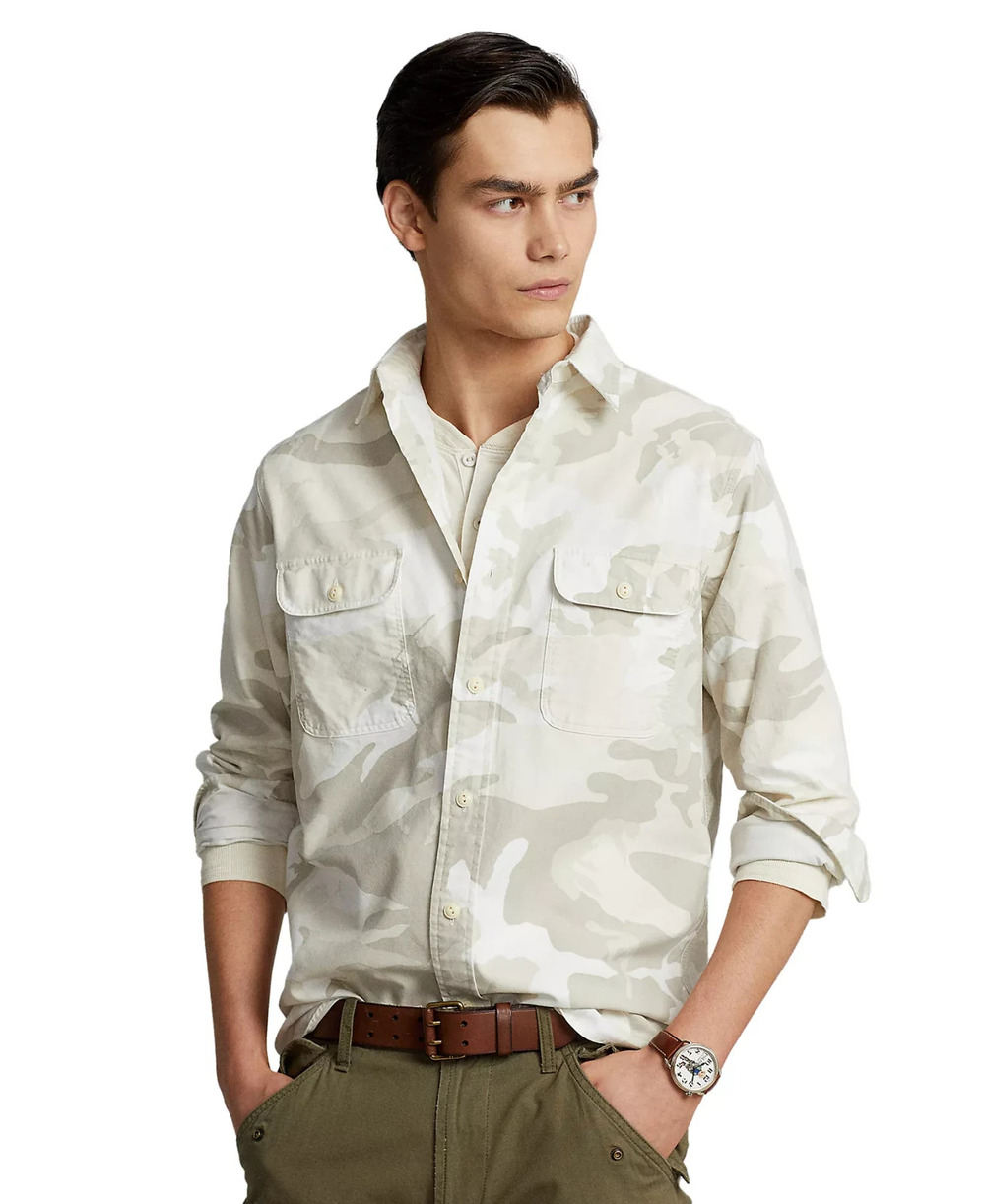 NWT Polo Ralph Lauren Classic Fit Camo Oxford Shirt Mens XS Beige Cream Button
